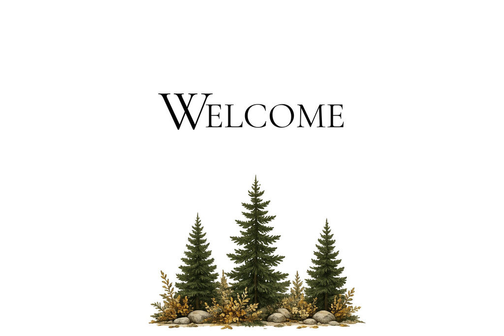 A white sign with the word "WELCOME" in black at the top, and three green pine trees with brown foliage and rocks at the bottom.
