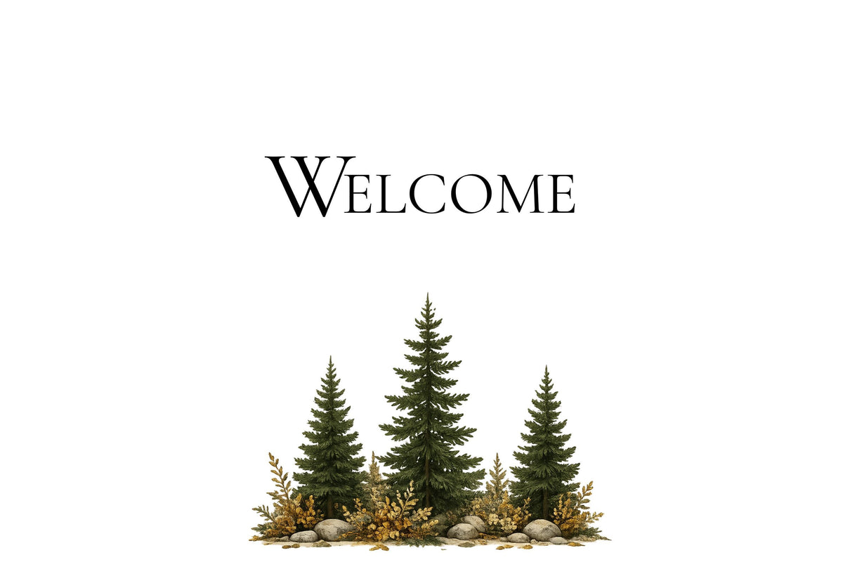 A white sign with the word "WELCOME" in black at the top, and three green pine trees with brown foliage and rocks at the bottom.