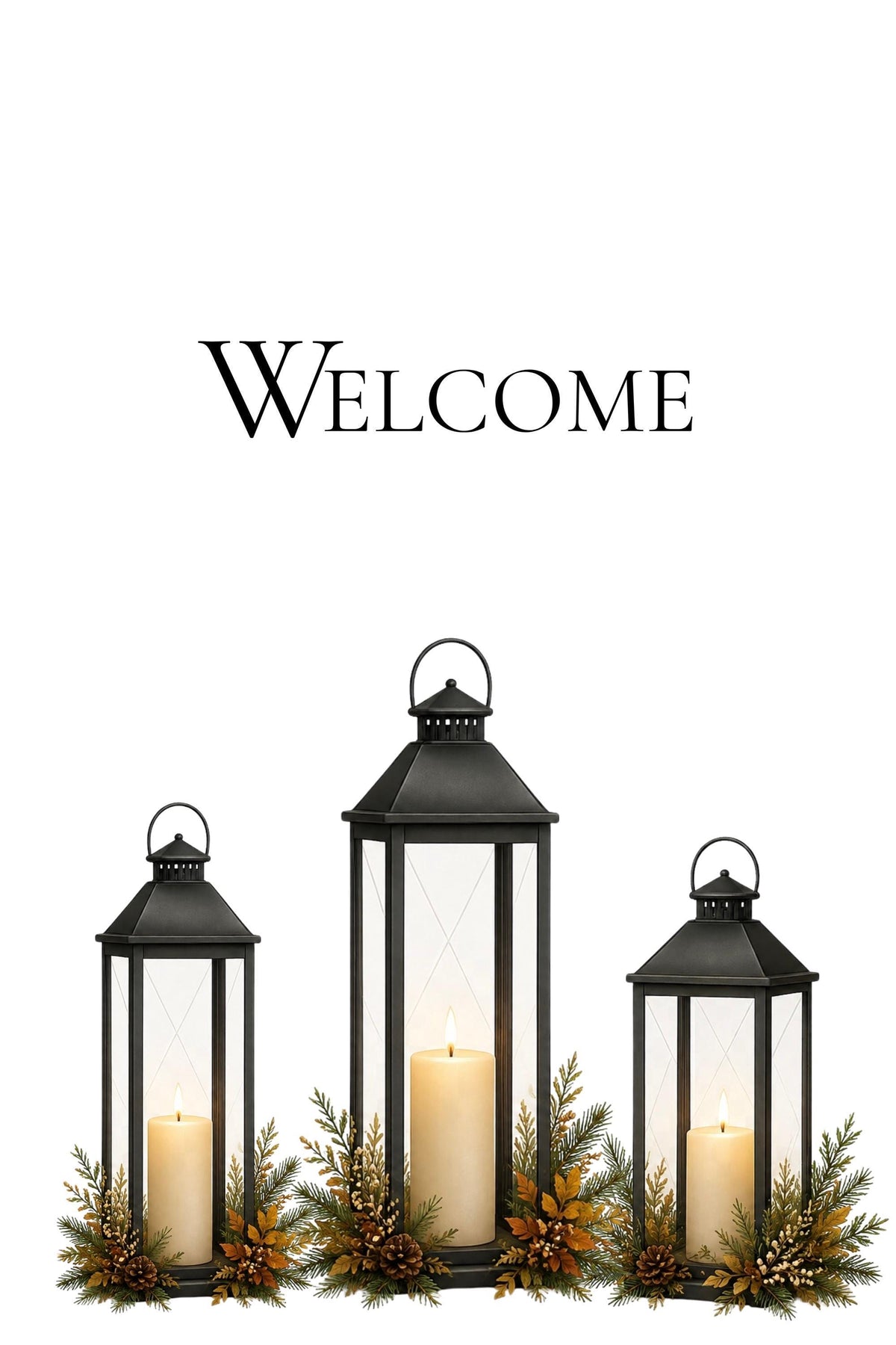 A white sign with the word "WELCOME" in black at the top, and three black lanterns with candles and green and brown foliage at the bottom.