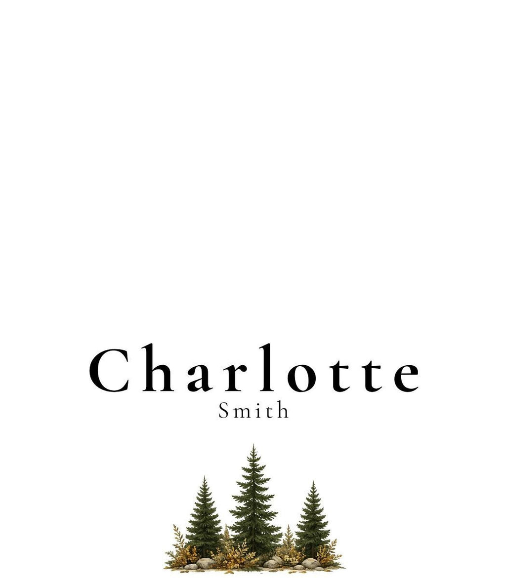 A white place card with the name "Charlotte Smith" in black text, with three green pine trees and brown foliage at the bottom center.