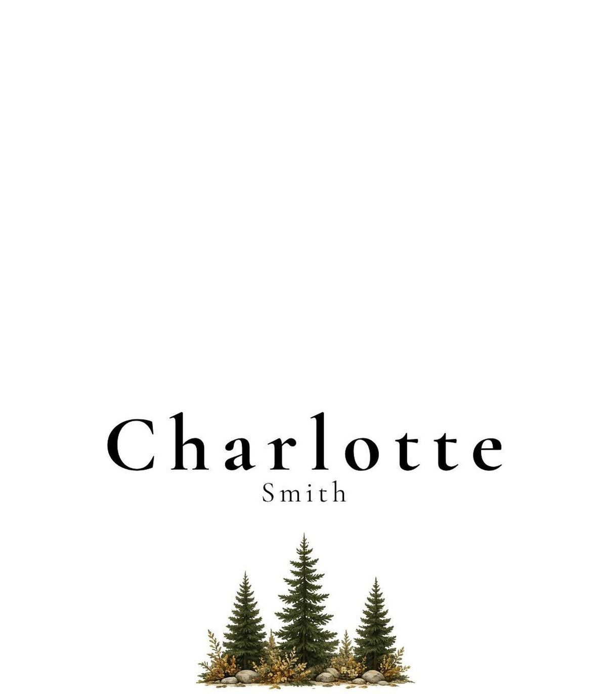 A white place card with the name "Charlotte Smith" in black text, with three green pine trees and brown foliage at the bottom center.
