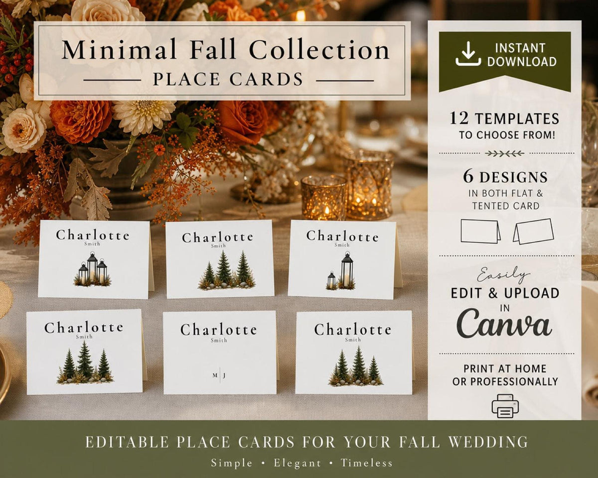 A product photo showing eight white place cards with pine tree and lantern designs, arranged on a table with fall decor, with text overlays describing the product.