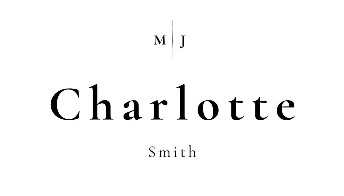 The name "Charlotte Smith" in black text is centered, with the initials "M J" in smaller black text above it.