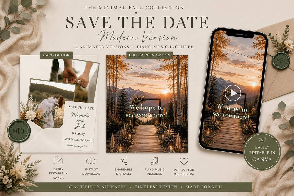 Animated Fall Save the Date Template | Editable in Canva | Autumn Wedding | 2 Versions - Rustic and Modern | Instant Download