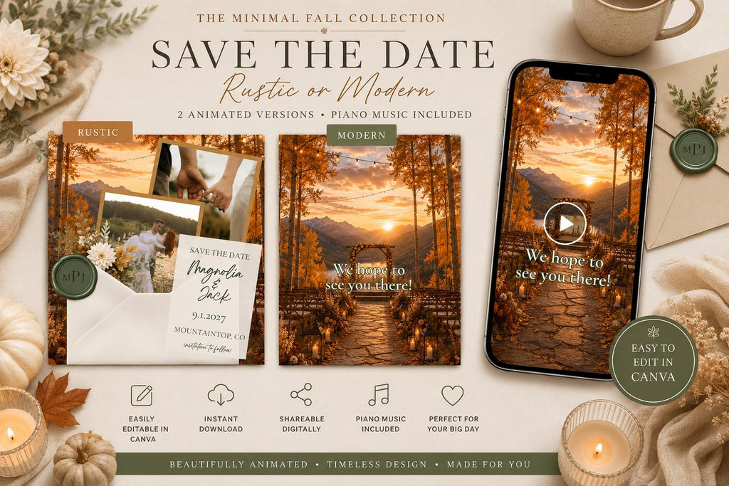 Animated Fall Save the Date Template | Editable in Canva | Autumn Wedding | 2 Versions - Rustic and Modern | Instant Download