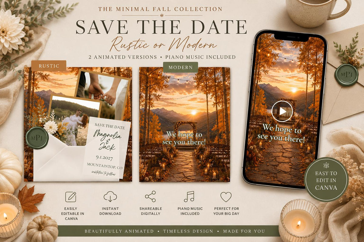 Animated Fall Save the Date Template | Editable in Canva | Autumn Wedding | 2 Versions - Rustic and Modern | Instant Download