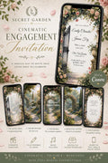 A collage of five smartphones displaying different scenes from a digital invitation, with a larger phone on the right showing event details, all against a background of a garden gate and floral arch.