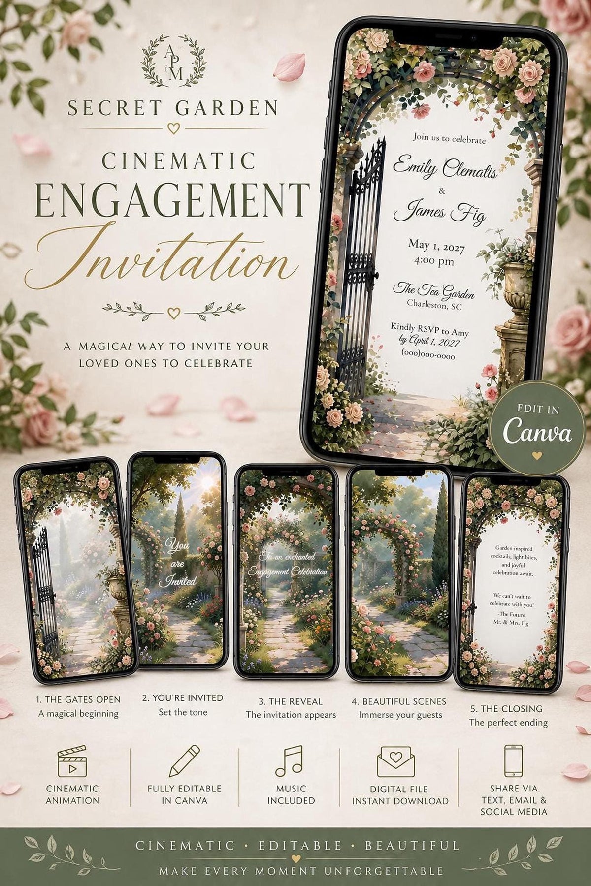 A collage of five smartphones displaying different scenes from a digital invitation, with a larger phone on the right showing event details, all against a background of a garden gate and floral arch.