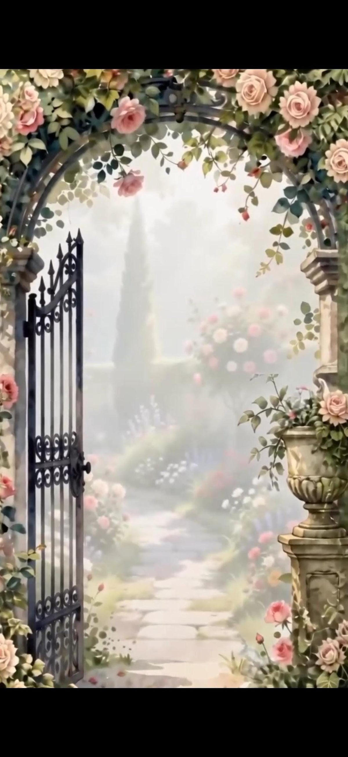 A digital invitation background featuring a wrought iron gate opening to a garden path, surrounded by pink roses and greenery.
