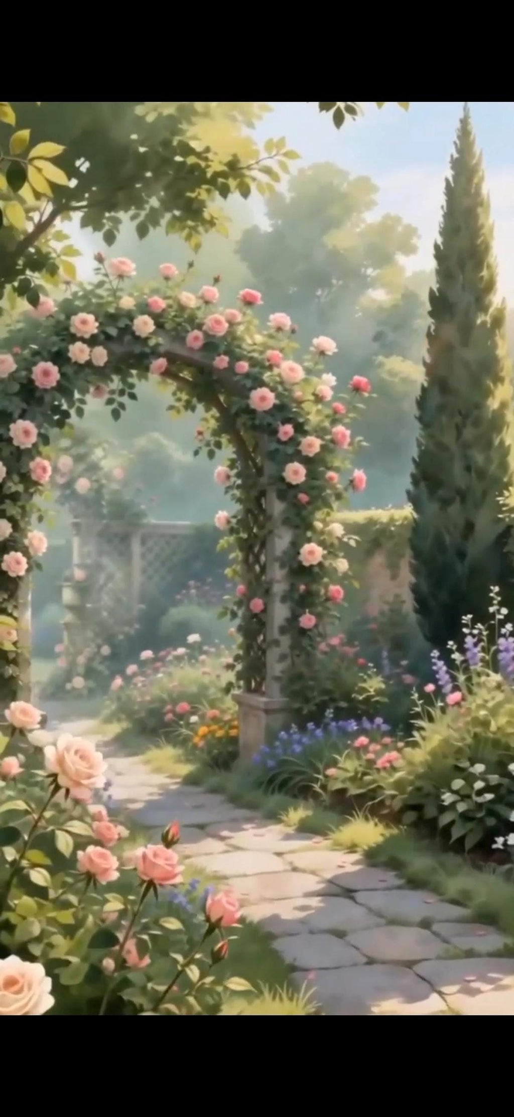 A digital invitation background featuring a garden path leading through an archway covered in pink roses, with cypress trees and other foliage.