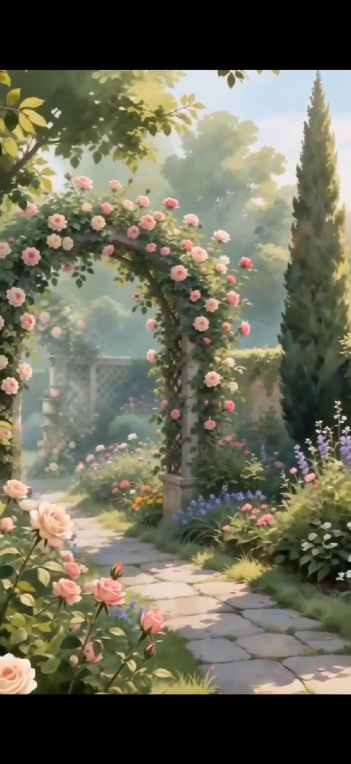 A digital invitation background featuring a garden path leading through an archway covered in pink roses, with cypress trees and other foliage.