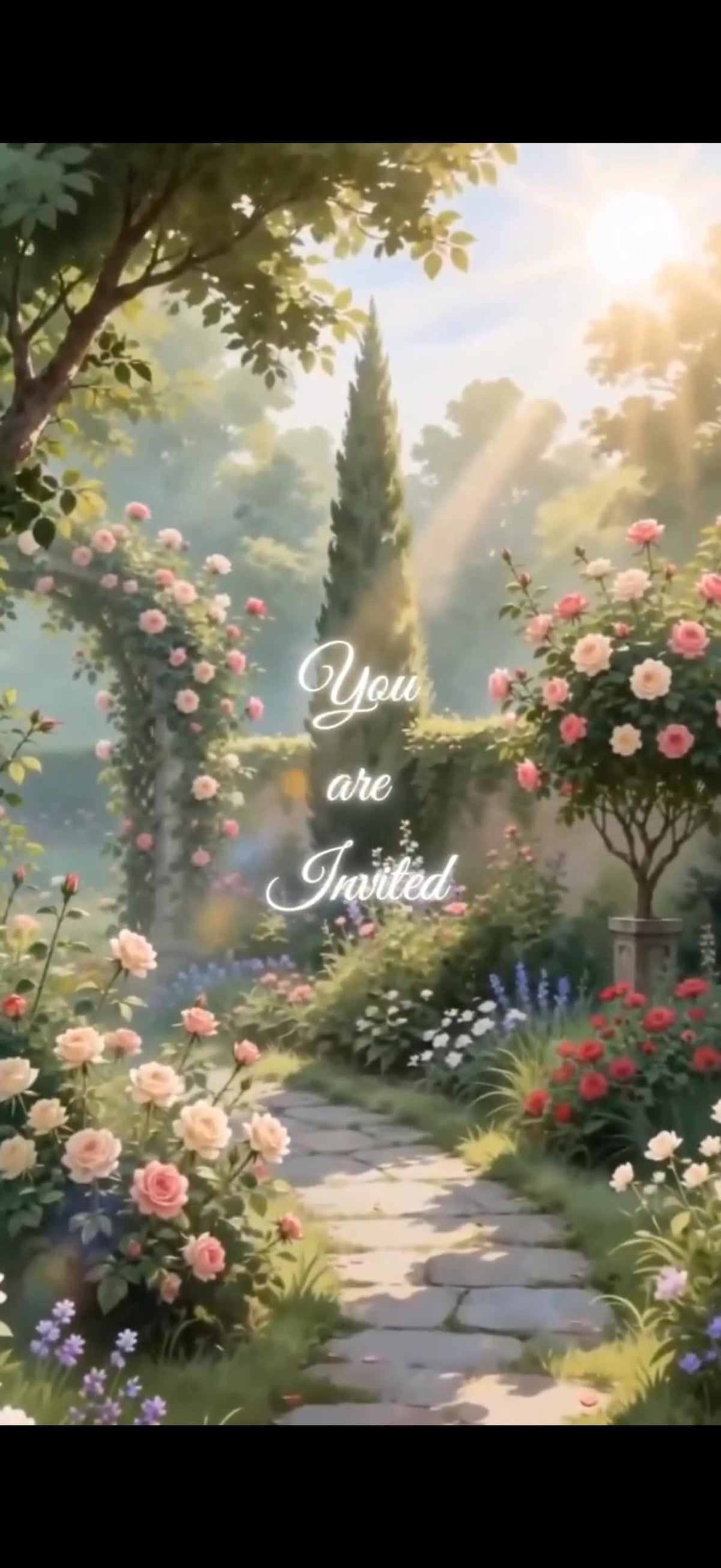 A digital invitation background showing a sunlit garden path with pink roses and green trees, with the text "You are Invited" in a flowing script.