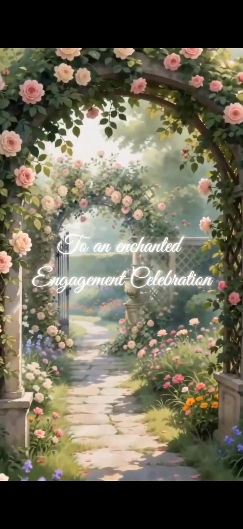 A digital invitation background showing a garden path with an archway of pink roses, with the text "To an enchanted Engagement Celebration" in a flowing script.