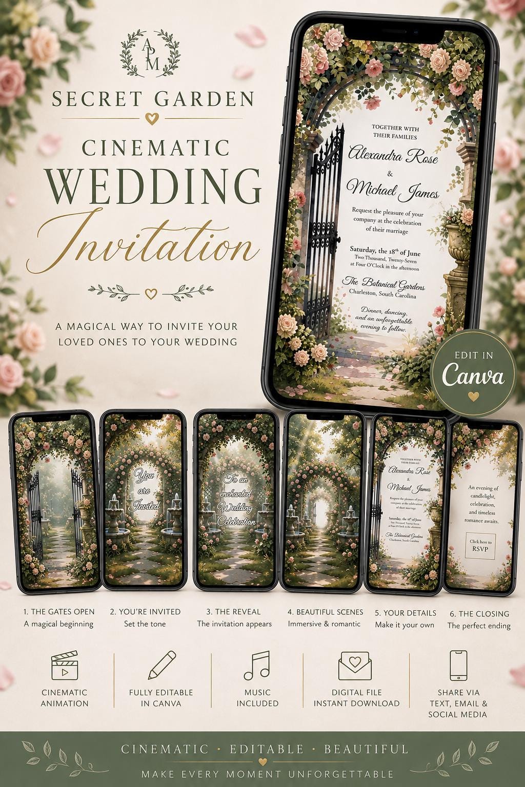 Cinematic Secret Garden Wedding Invitation, Animated Canva Template, Romantic Floral Digital Invite