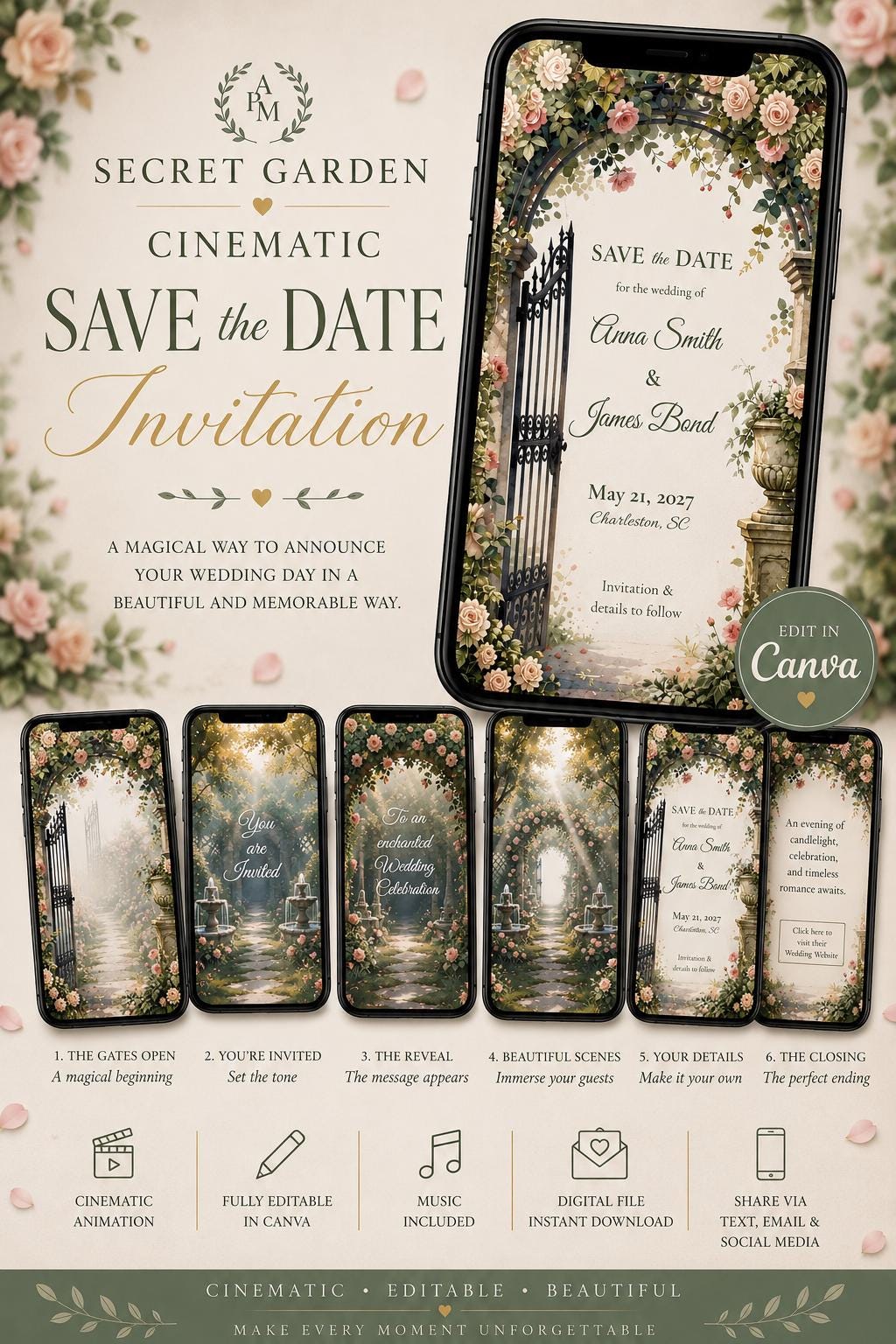 Cinematic Secret Garden Save the Date, Animated Canva Template, Instant Download