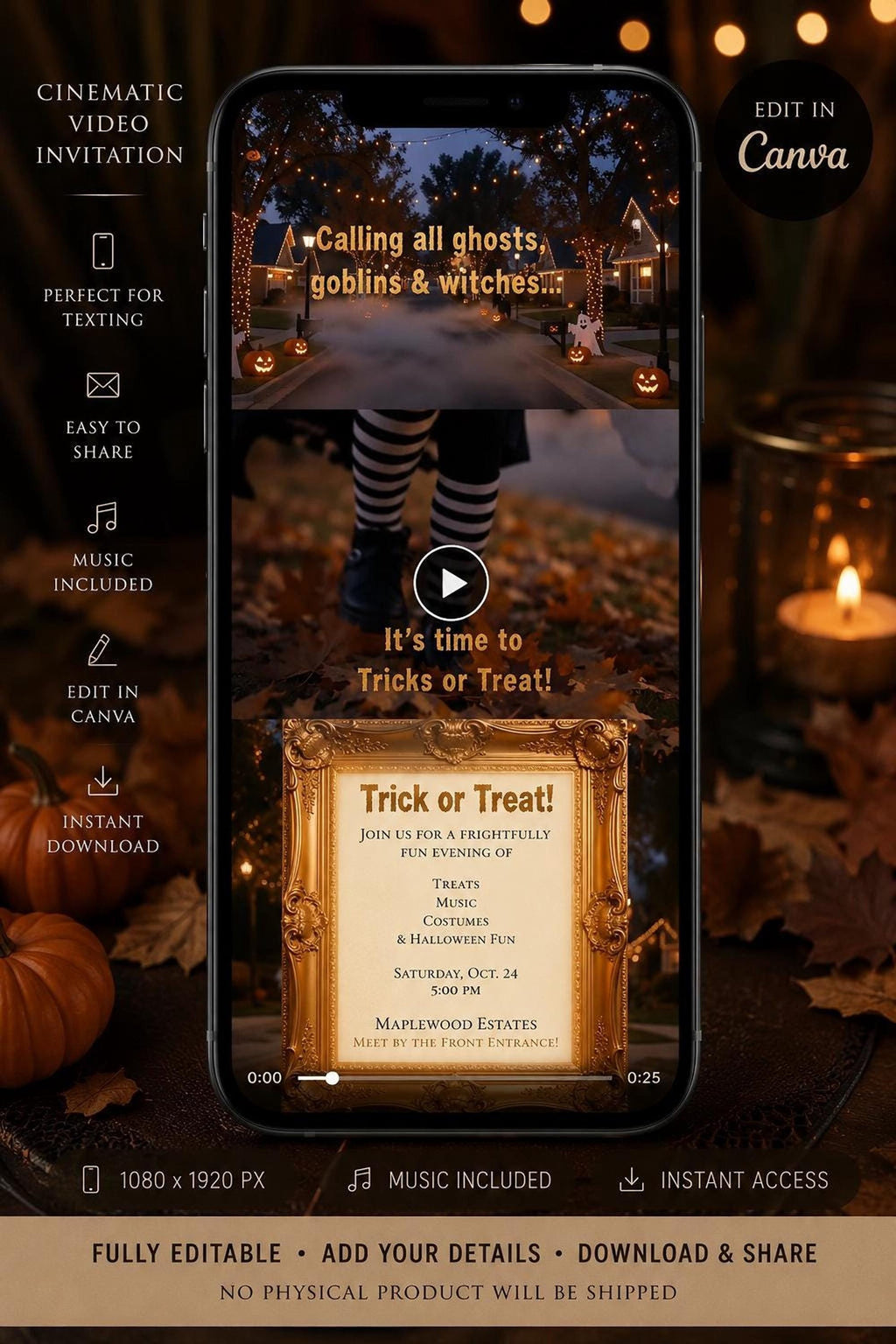 A smartphone shows a Halloween party invitation with a witch's legs walking on autumn leaves, and a golden framed invitation, with a lit candle and pumpkin beside it.