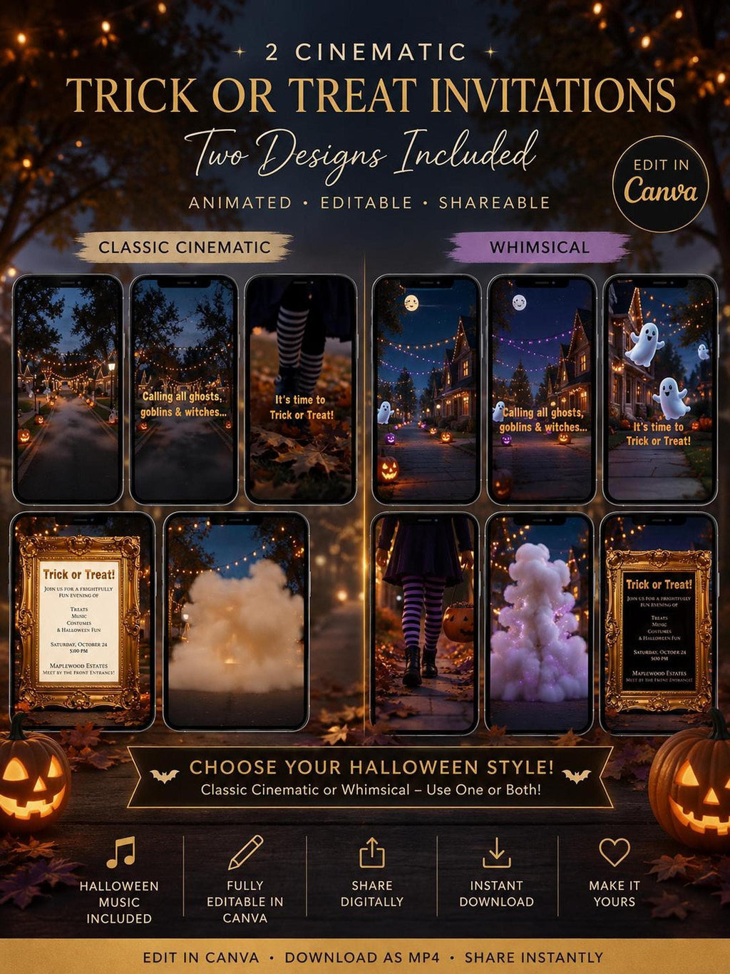 A collage of four smartphone screens showing two styles of Halloween party invitations, with text "2 Cinematic Trick or Treat Invitations, Two Designs Included, Editable in Canva" at the top, and "Choose Your Halloween Style!" at the bottom