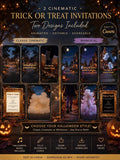 A collage of four smartphone screens showing two styles of Halloween party invitations, with text "2 Cinematic Trick or Treat Invitations, Two Designs Included, Editable in Canva" at the top, and "Choose Your Halloween Style!" at the bottom