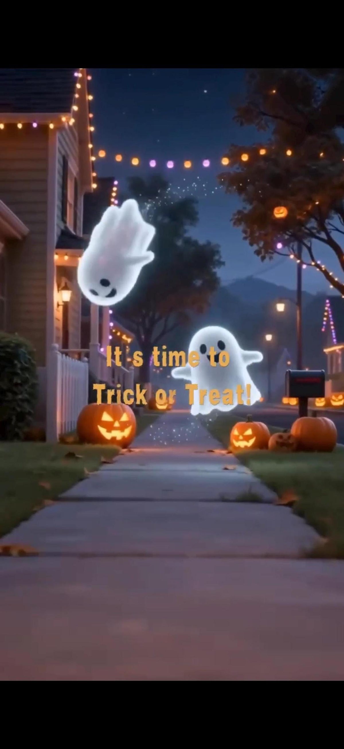 A nighttime street scene with houses and string lights, with two cartoon ghosts floating above the text: "It's time to Trick or Treat!"