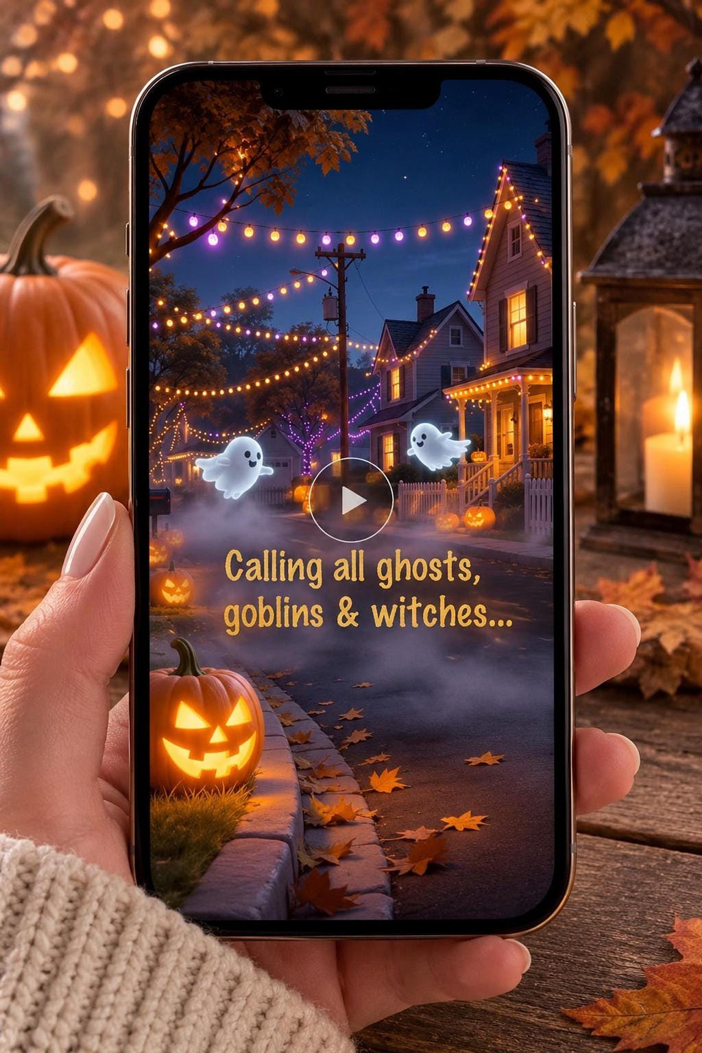 A hand holds a smartphone displaying an animated Halloween invitation with a street scene, ghosts, and pumpkins, with text "Calling all ghosts, goblins & witches..." on the screen.
