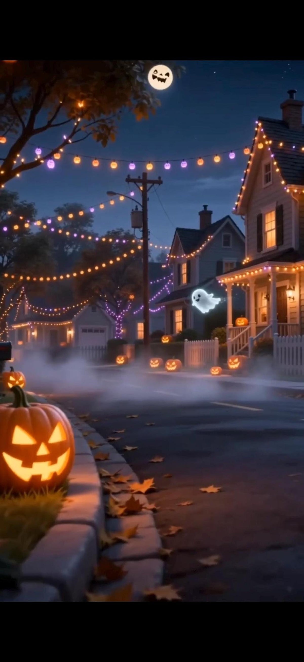 A nighttime street scene with houses decorated with purple and orange string lights, a full moon with a ghost, and pumpkins on the sidewalk.