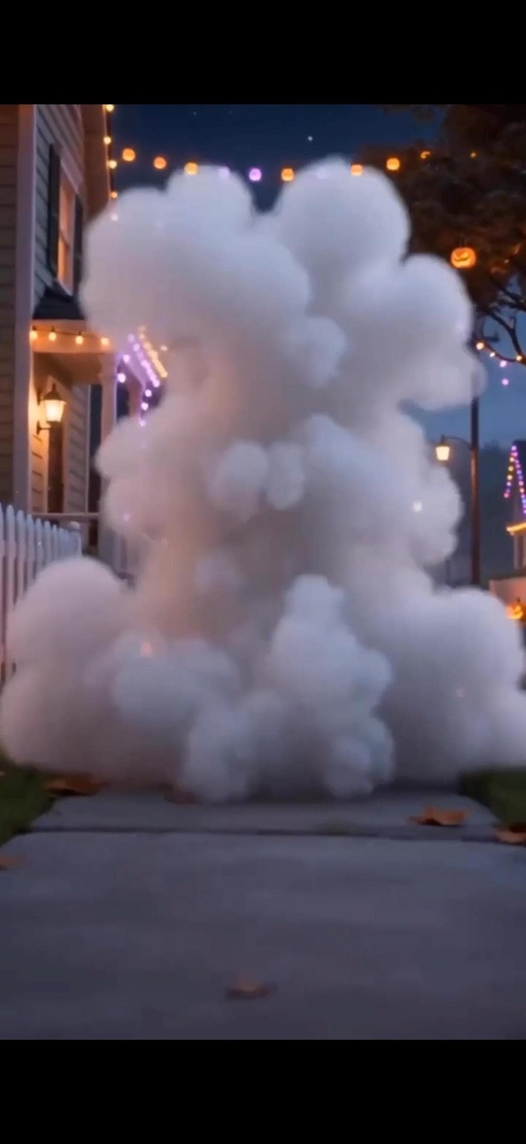 A large cloud of white smoke or fog on a sidewalk in front of a house, with string lights visible in the background.