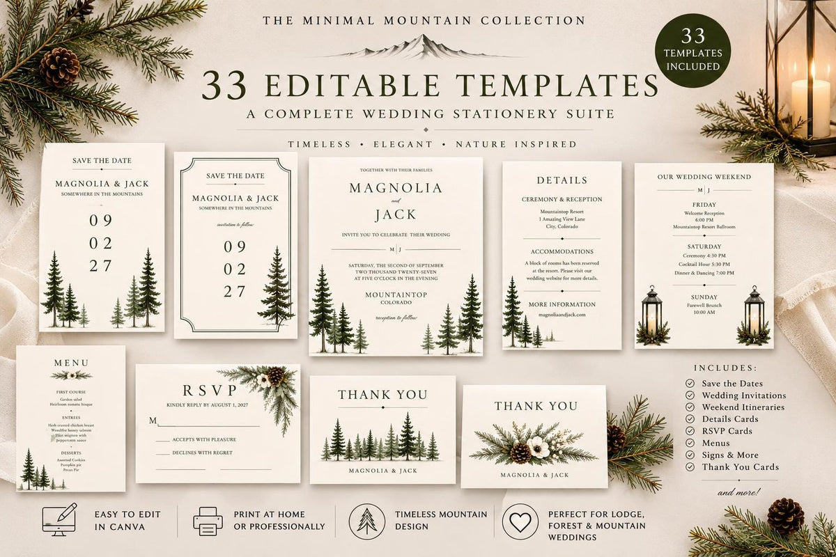 Mountain Wedding Invitation Suite, 33 Editable Canva Templates, Minimal Wedding Bundle, Save the Date, RSVP, Details Card, and More