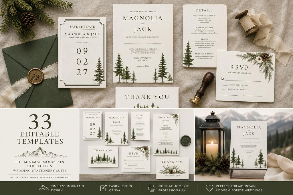 Mountain Wedding Invitation Suite, 33 Editable Canva Templates, Minimal Wedding Bundle, Save the Date, RSVP, Details Card, and More