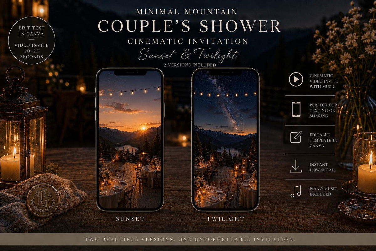 Cinematic Minimal Mountain Couple’s Shower Invitation | Editable in Canva | Includes Sunset & Twilight Versions