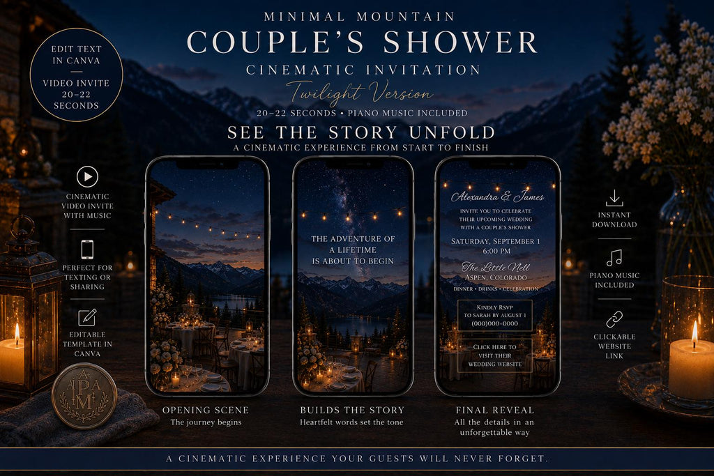 Cinematic Minimal Mountain Couple’s Shower Invitation | Editable in Canva | Includes Sunset & Twilight Versions