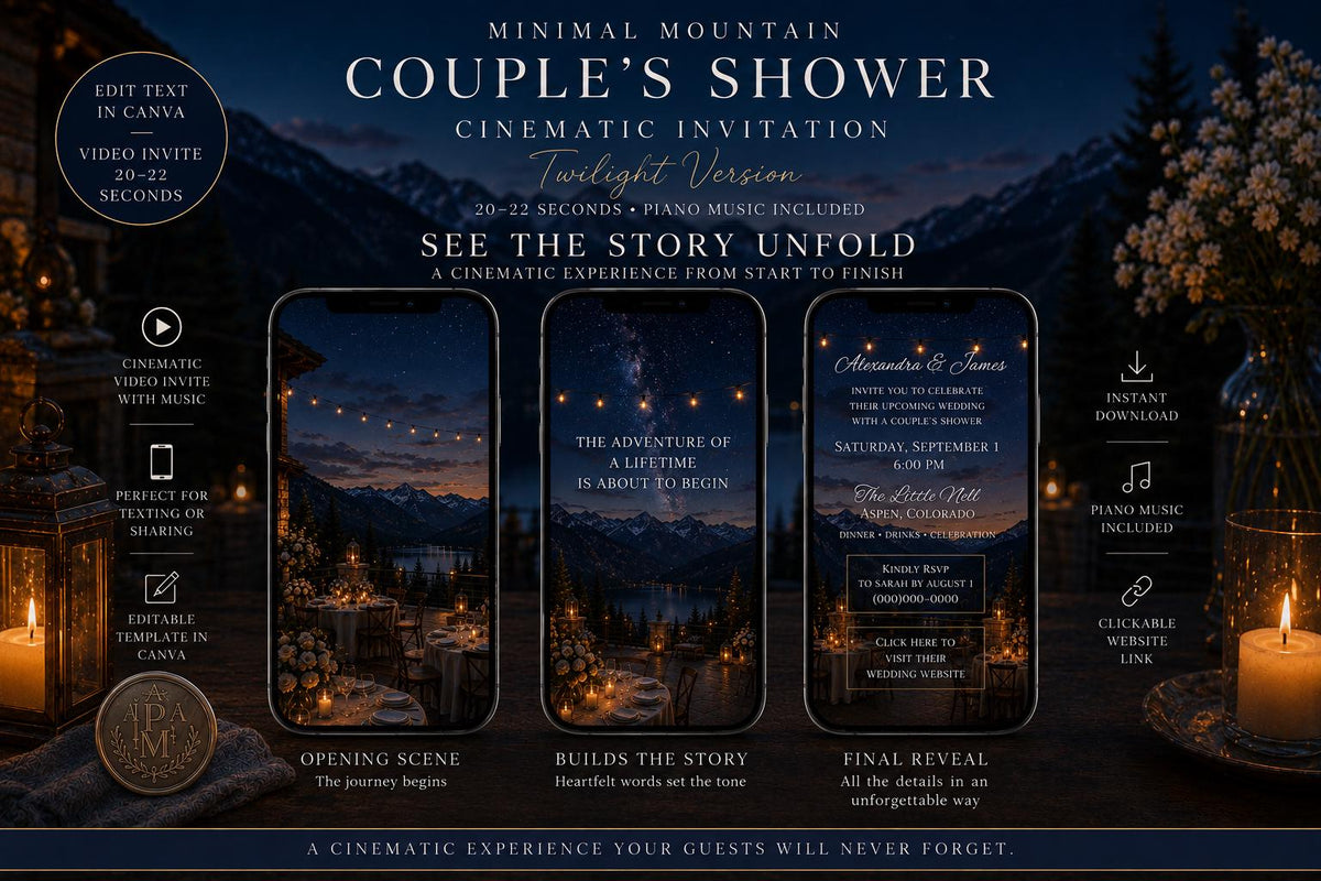 Cinematic Minimal Mountain Couple’s Shower Invitation | Editable in Canva | Includes Sunset & Twilight Versions