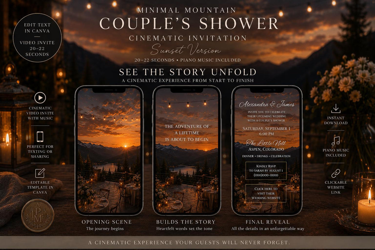 Cinematic Minimal Mountain Couple’s Shower Invitation | Editable in Canva | Includes Sunset & Twilight Versions