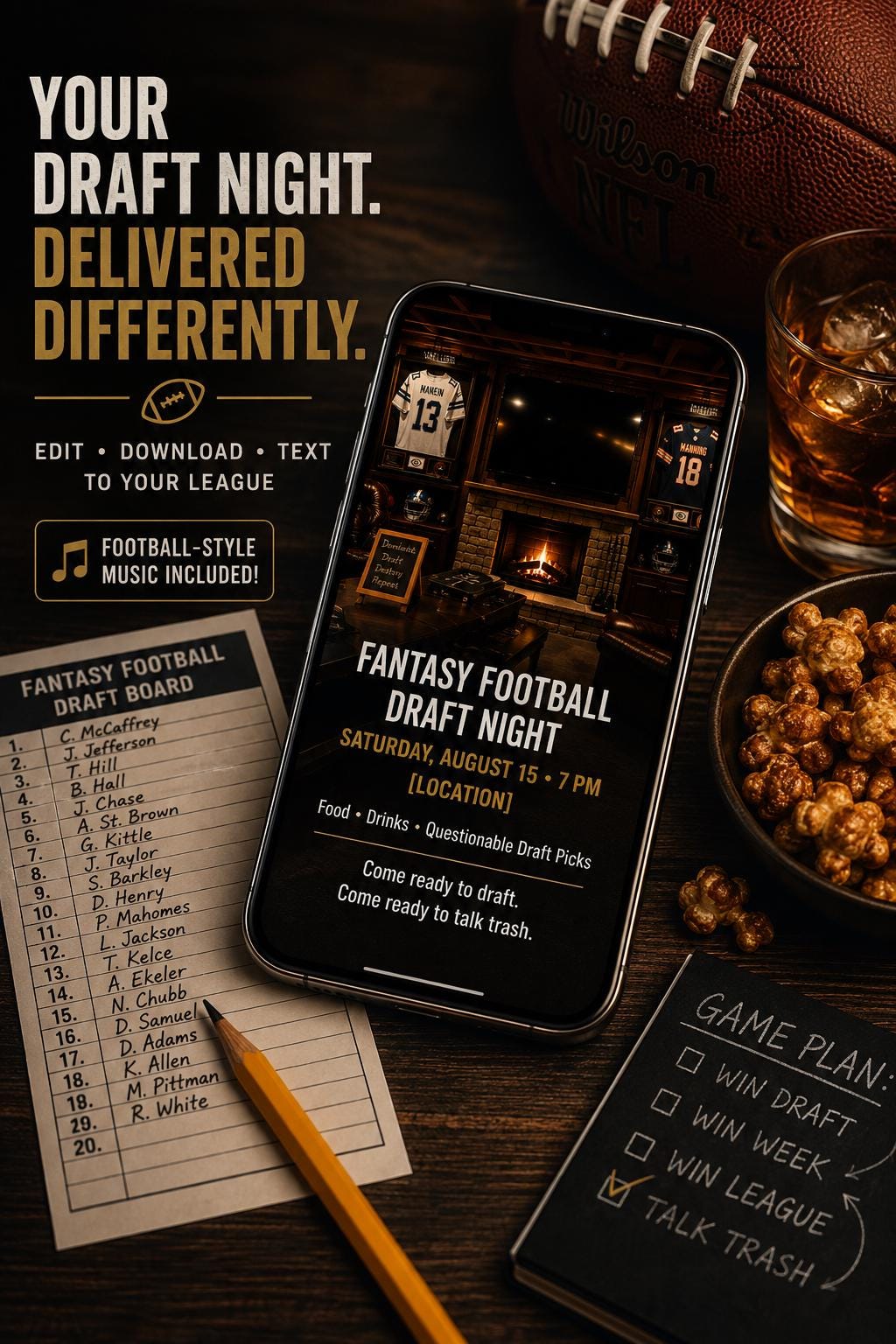 Fantasy Football Draft Invitation | 2 Cinematic Draft Night Invites | Editable Canva Templates | 2026 Fantasy Football Party Invite