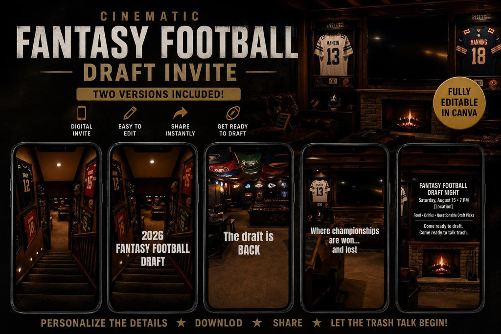 Fantasy Football Draft Invitation | 2 Cinematic Draft Night Invites | Editable Canva Templates | 2026 Fantasy Football Party Invite