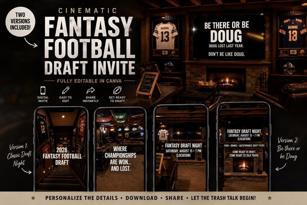Fantasy Football Draft Invitation | 2 Cinematic Draft Night Invites | Editable Canva Templates | 2026 Fantasy Football Party Invite