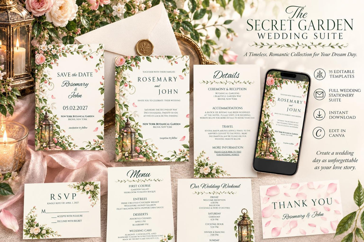 Secret Garden Wedding Invitation Suite Template | 35 Editable Canva Templates | Botanical Floral Wedding Bundle