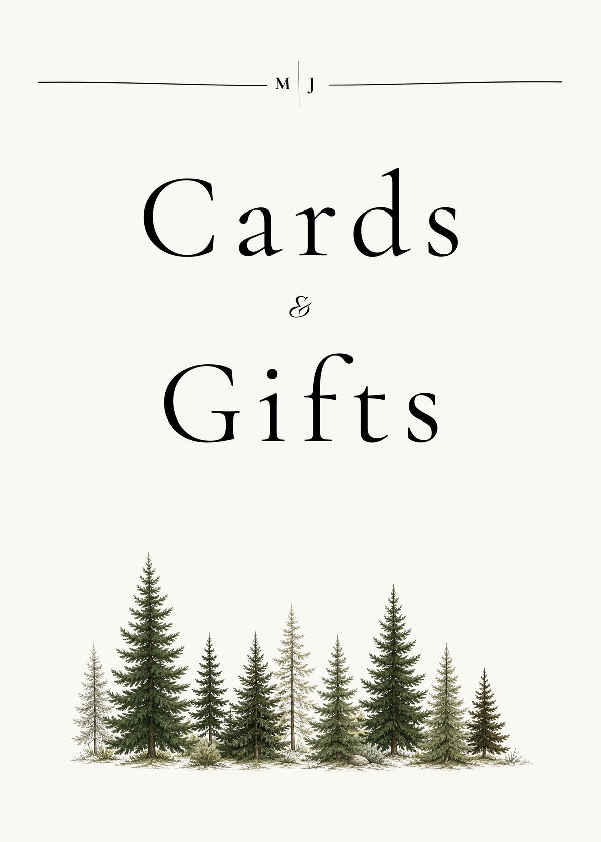 A vertical wedding sign with the text Cards and Gifts above a row of watercolor evergreen trees.