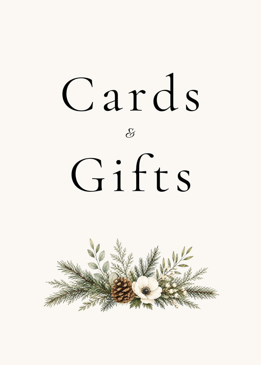 A vertical wedding sign featuring the text Cards and Gifts above a floral and evergreen branch arrangement with a pinecone and white flower.