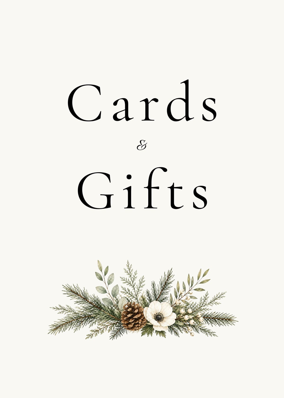 A vertical wedding sign featuring the text Cards and Gifts above a floral and evergreen branch arrangement with a pinecone and white flower.