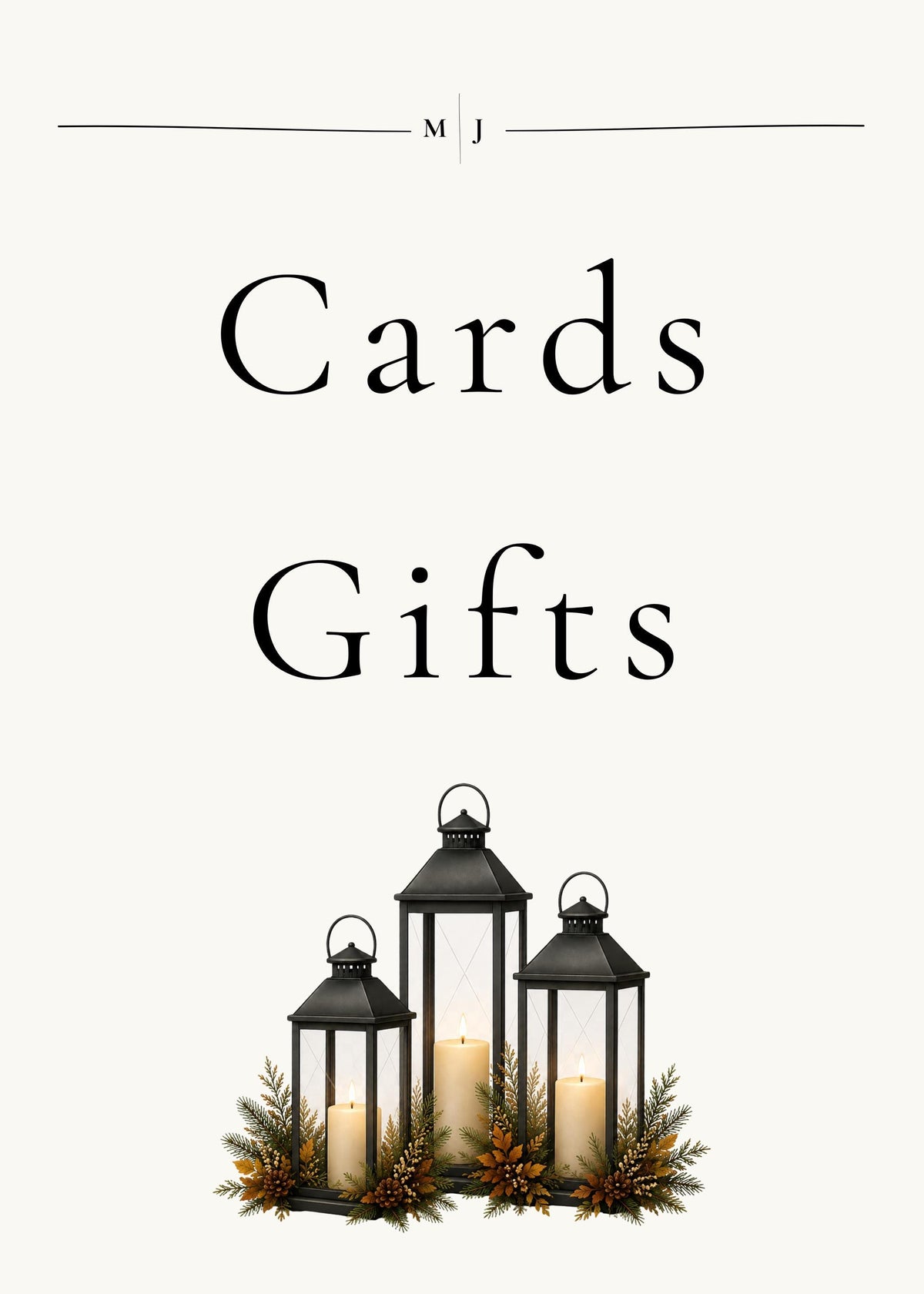 A wedding sign with the text Cards Gifts and an illustration of three black candle lanterns surrounded by pine branches at the bottom.
