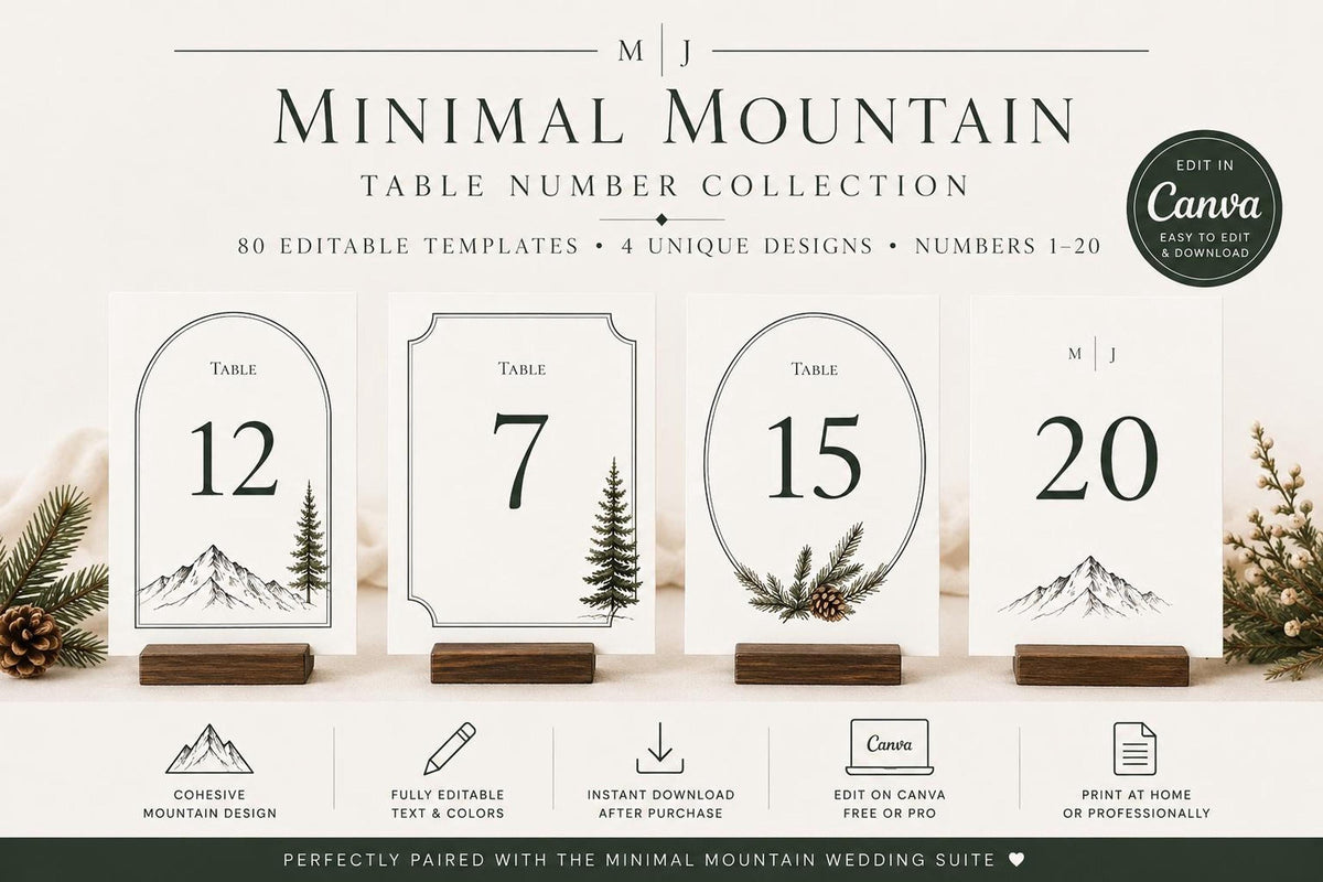 Four white table number cards featuring arched and rectangular borders with mountain and pine tree illustrations, numbered 12, 7, 15, and 20.