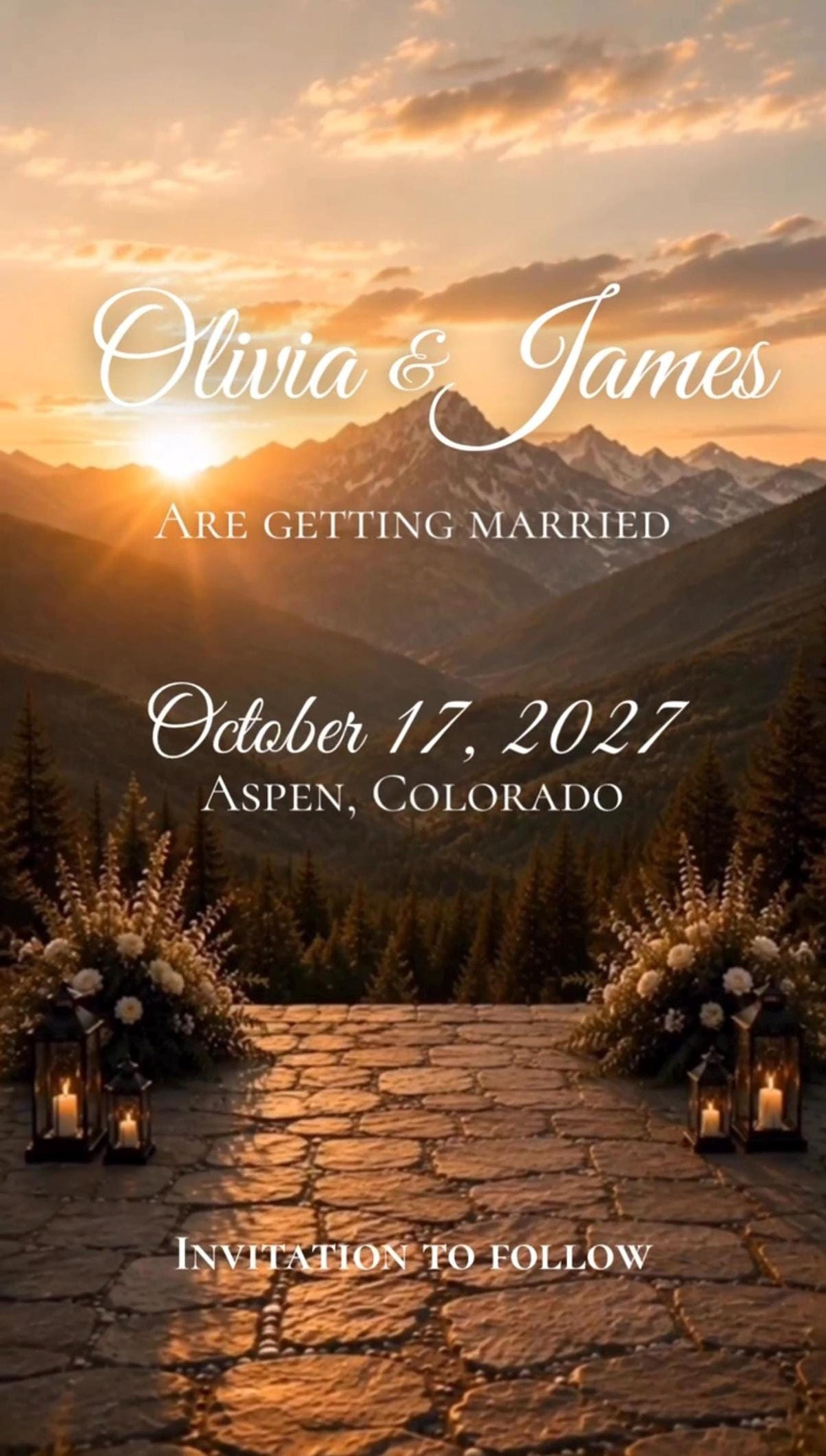 Vertical video still overlooking a mountain range at sunset from a stone terrace with floral arrangements and the text Olivia and James Are Getting Married October 17, 2027 Aspen, Colorado.