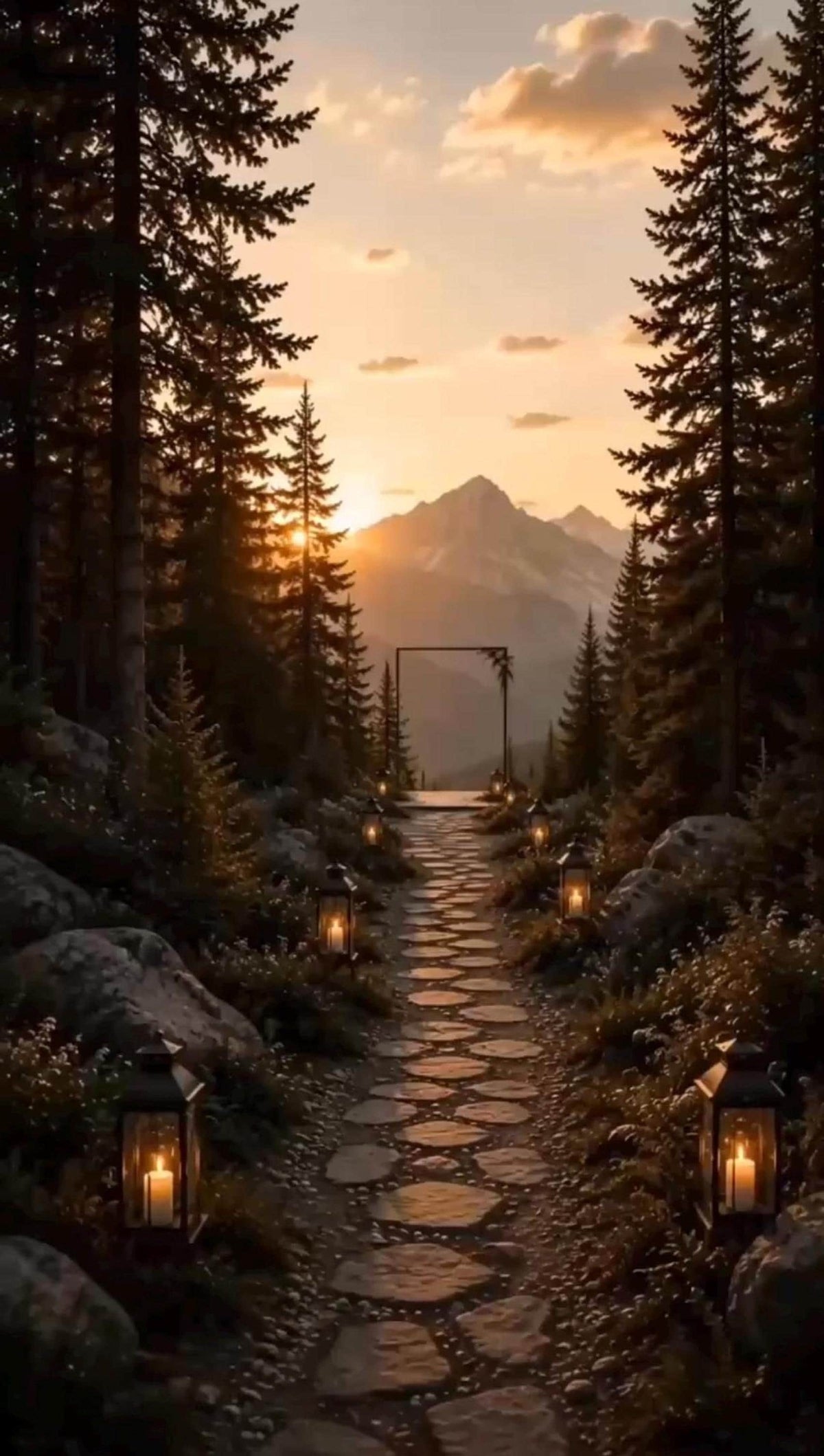 Vertical video still of a stone pathway lined with lit lanterns leading through a pine forest toward a mountain range at sunset.