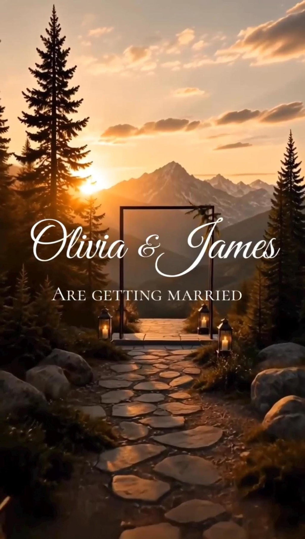 Vertical video still of a stone pathway ending at a wooden arch overlooking mountains at sunset with the text Olivia and James Are Getting Married.