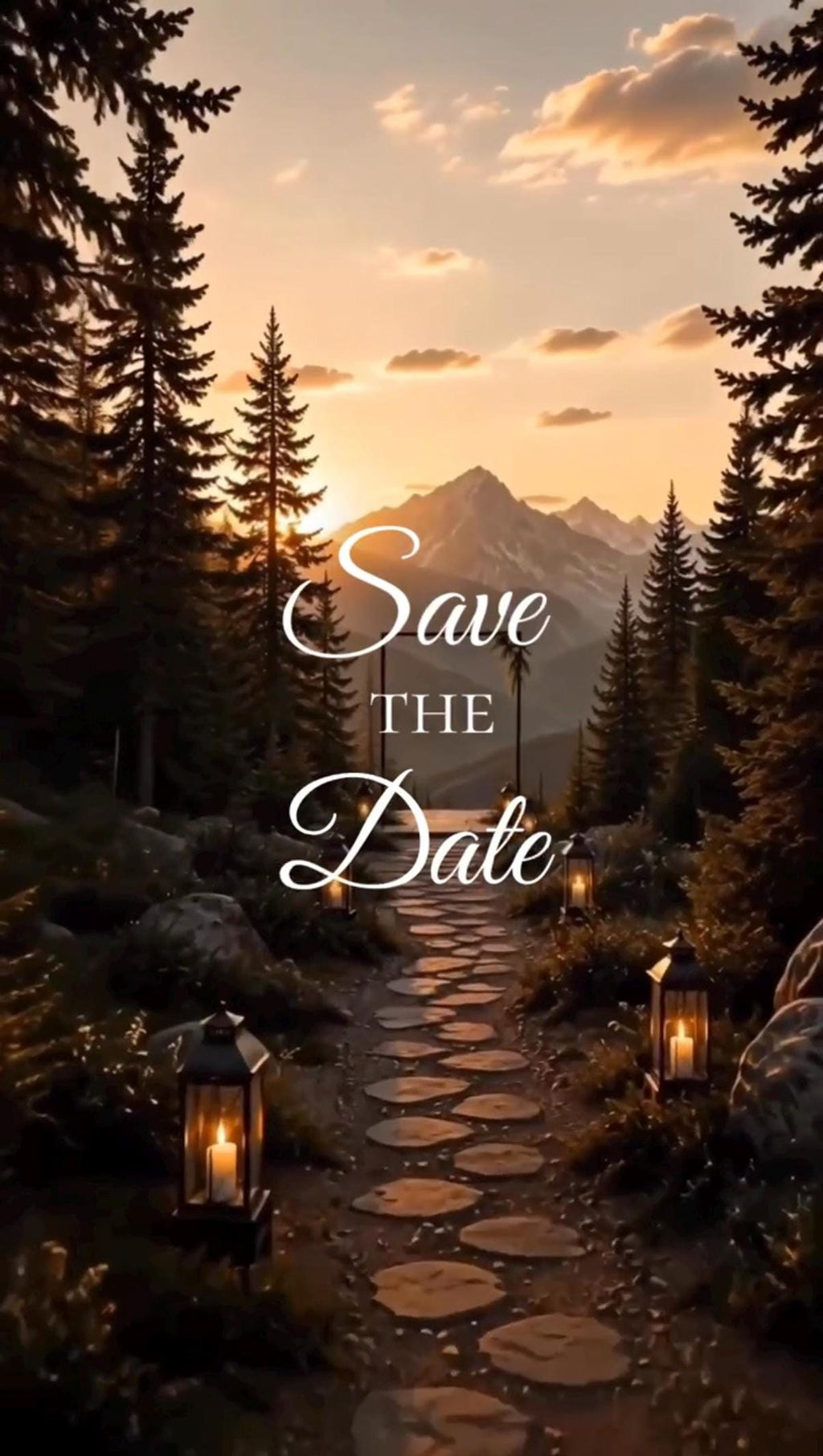 Vertical video still of a stone path through a forest at sunset with the text Save the Date written in white script.