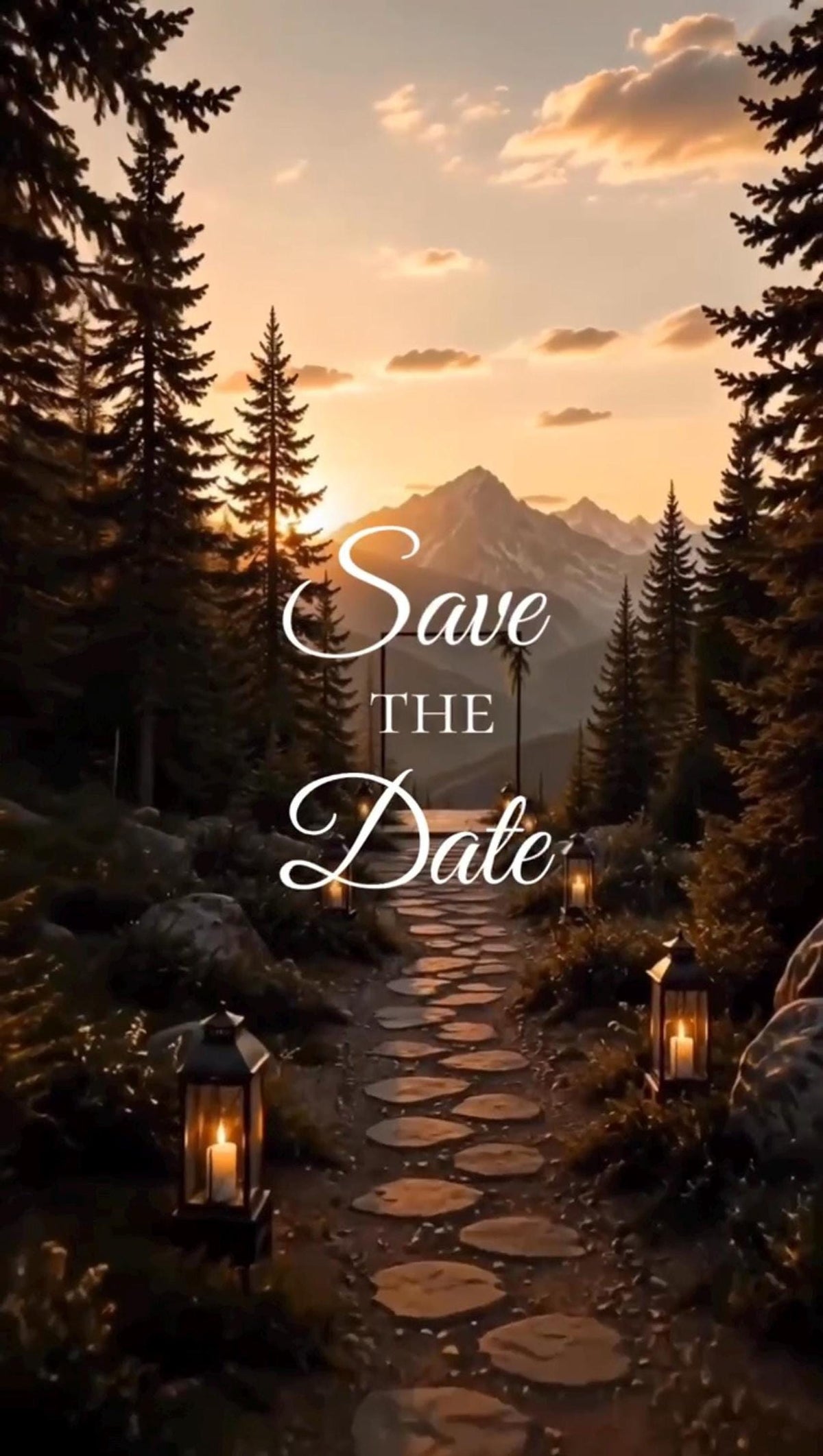 Vertical video still of a stone path through a forest at sunset with the text Save the Date written in white script.