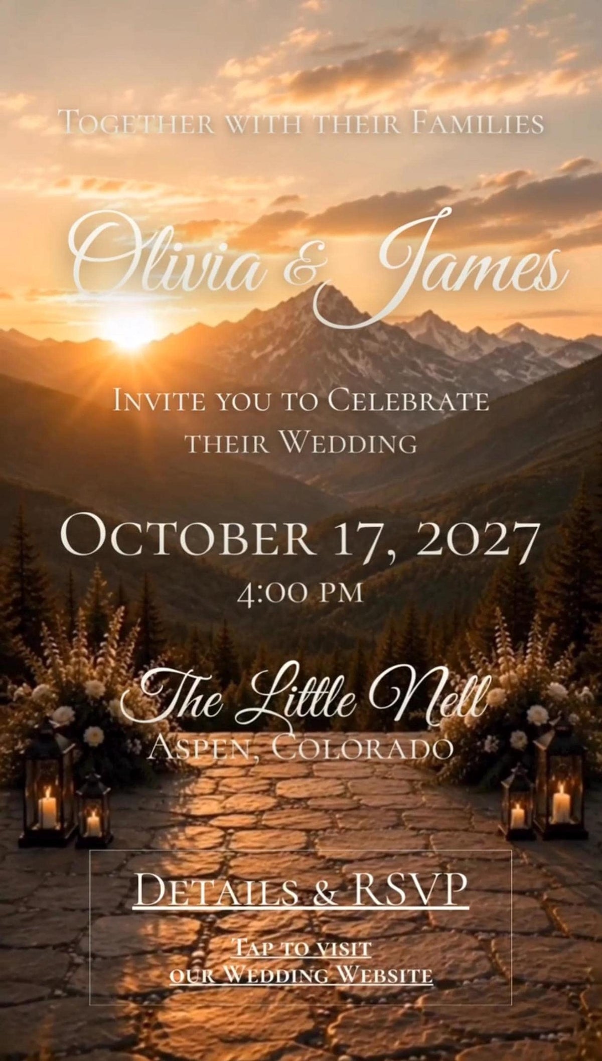 A wedding invitation text overlay showing couple names Olivia and James, date, location, and RSVP details against a mountain sunset background.