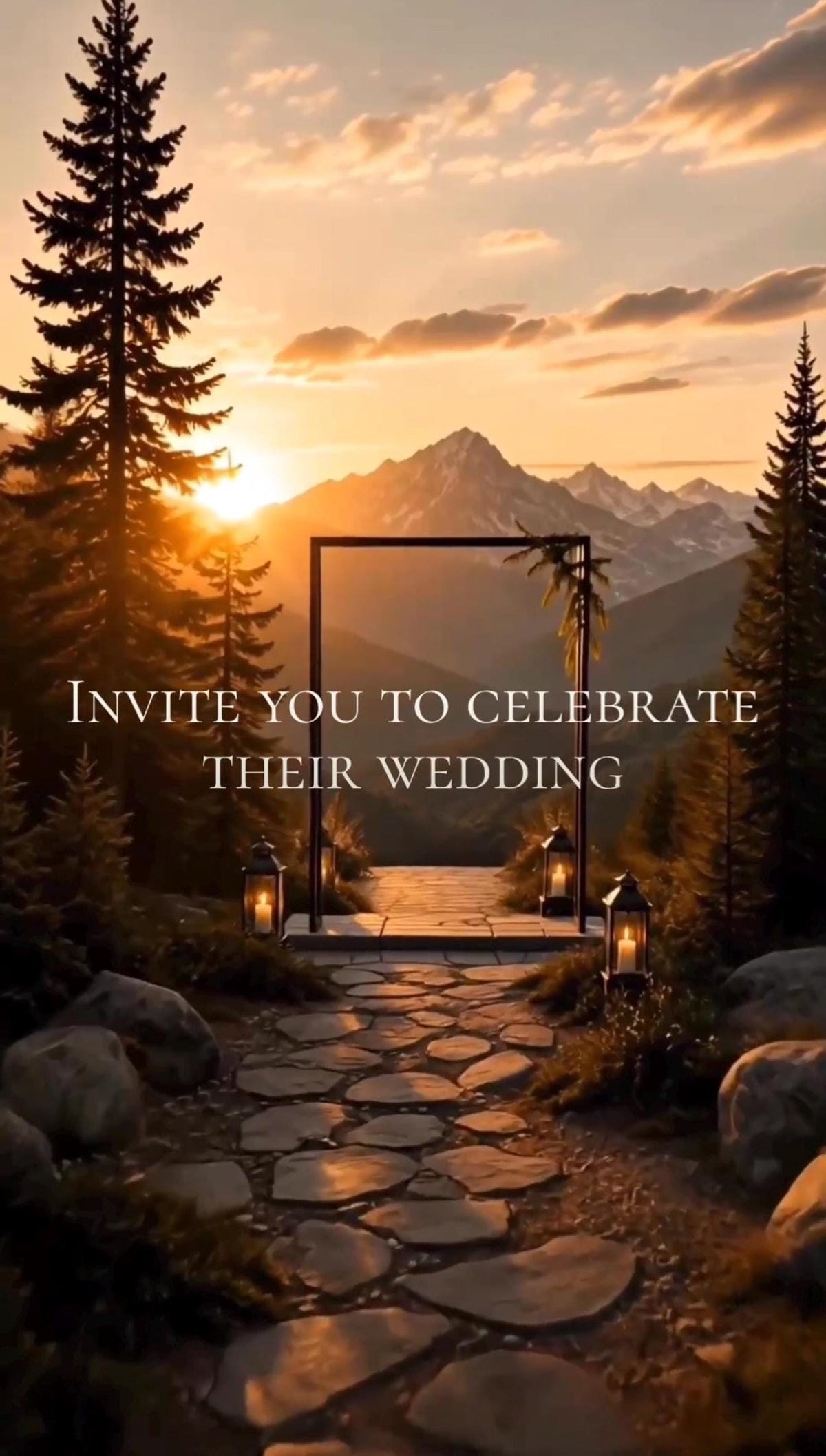 A wedding video frame featuring an archway overlooking mountains at sunset with the text Invite You to Celebrate Their Wedding.