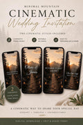 A promotional mockup showing four smartphone screens displaying a mountain wedding invitation video design.