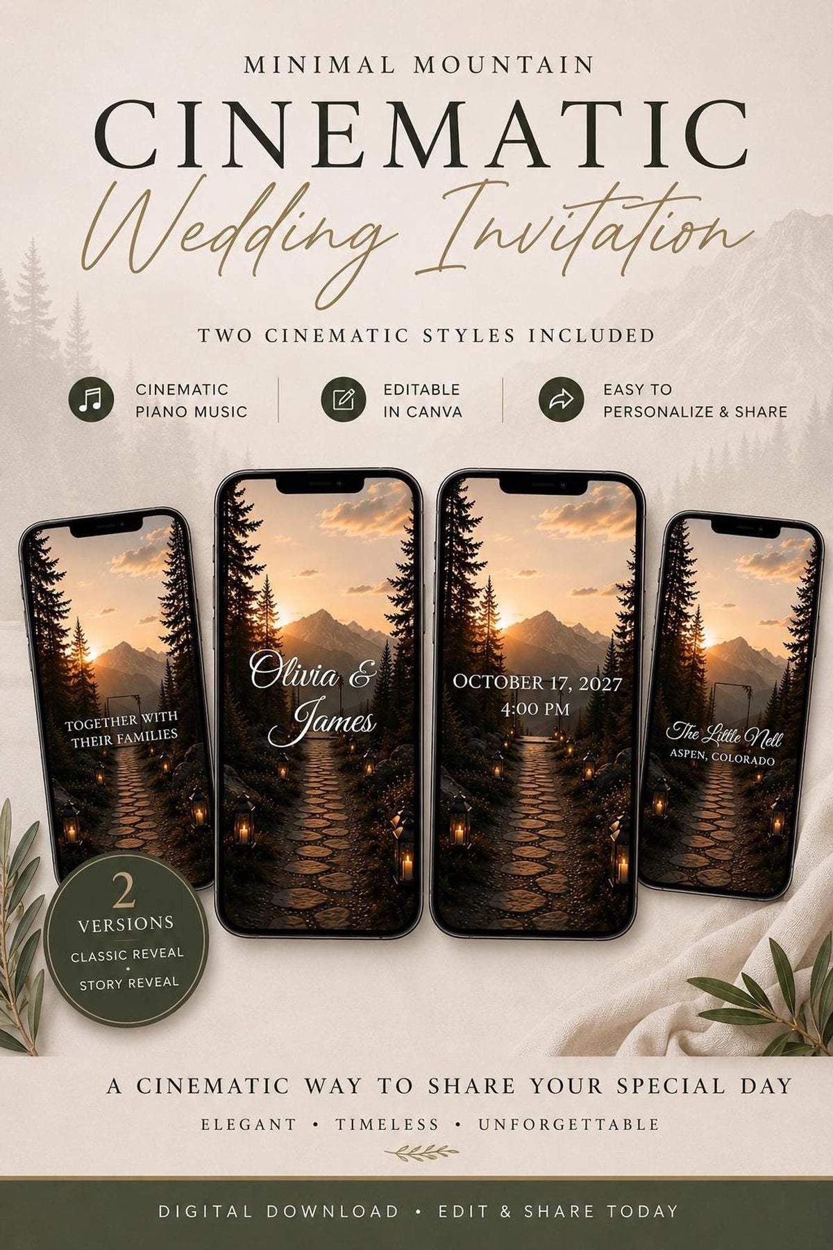 A promotional mockup showing four smartphone screens displaying a mountain wedding invitation video design.